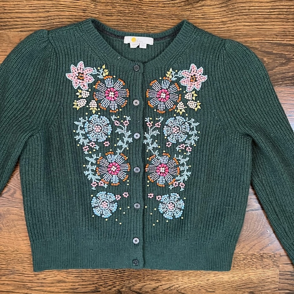 Boden Green Embroidered Floral Button-Up Cardigan